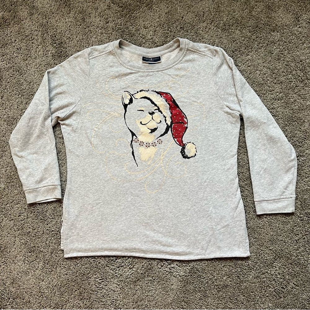 Karen Scott Sport Christmas Kitty Cat Santa Hat Sweatshirt Womens Sz Large